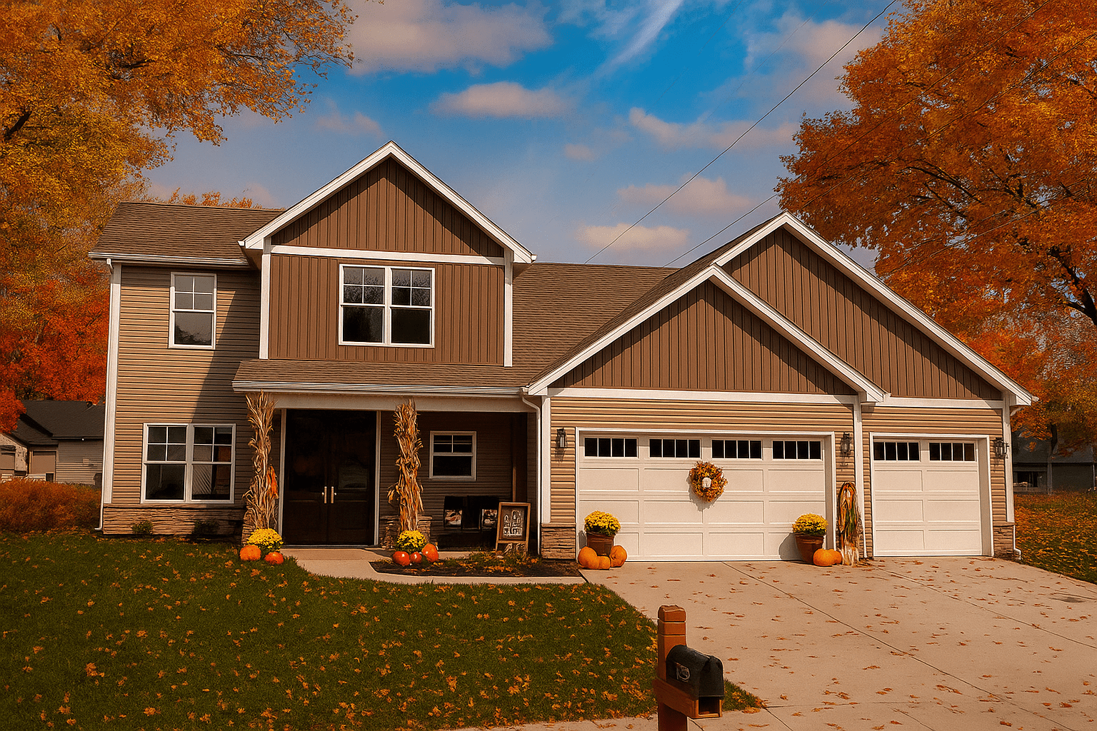 StoneRidge custom built home in the fall with fall decorations